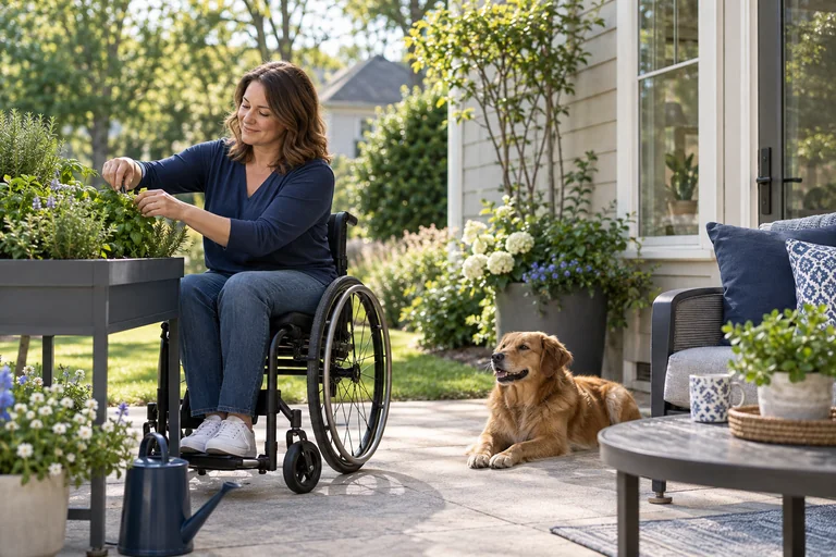 A wheelchair user tending herbs on an accessible patio.
